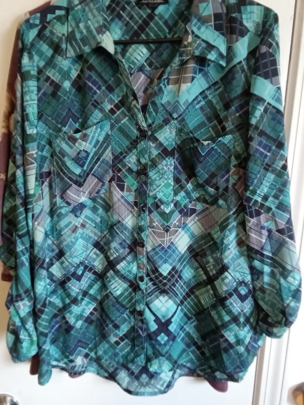 #6051 Green & Blue Plaid Blouse. - L